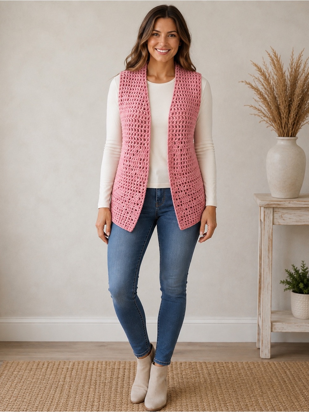 Handmade crochet vest Rose Pink Open-Front  Sweater